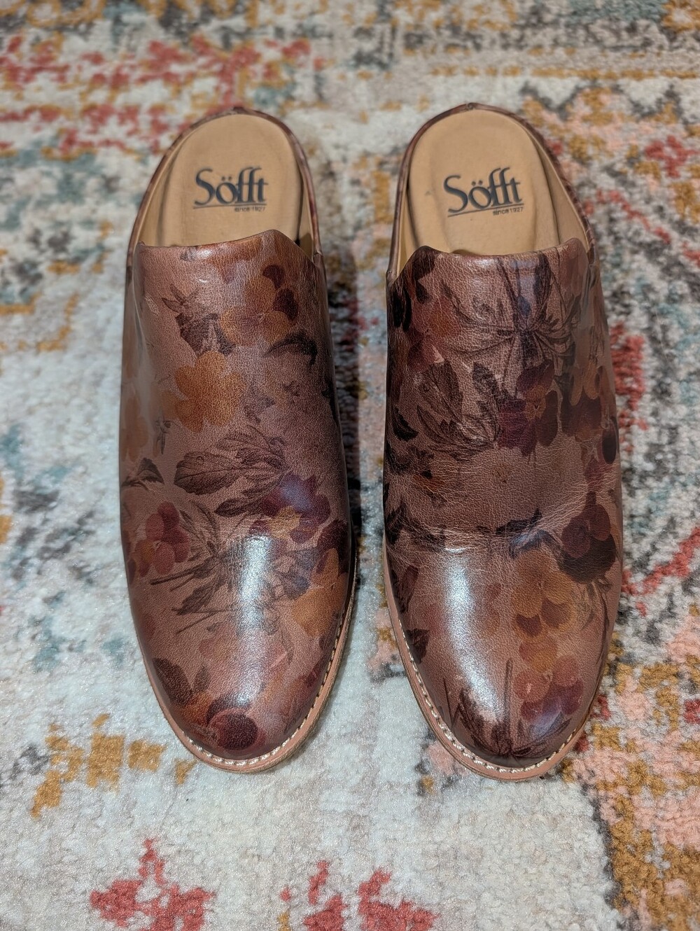Söfft Women's 8 Brown Floral Leather Slip-On Clogs Boho